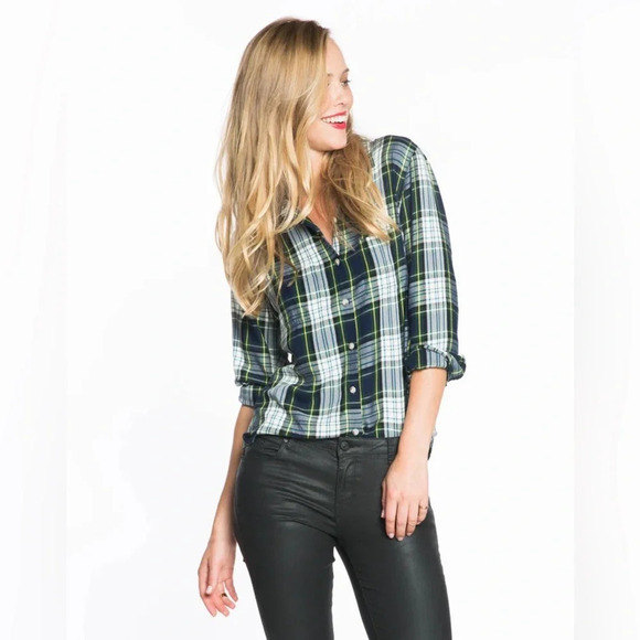 Marine Layer The Dahlia Plaid Shirt Green Navy White Yellow Smal - Picture 4 of 12